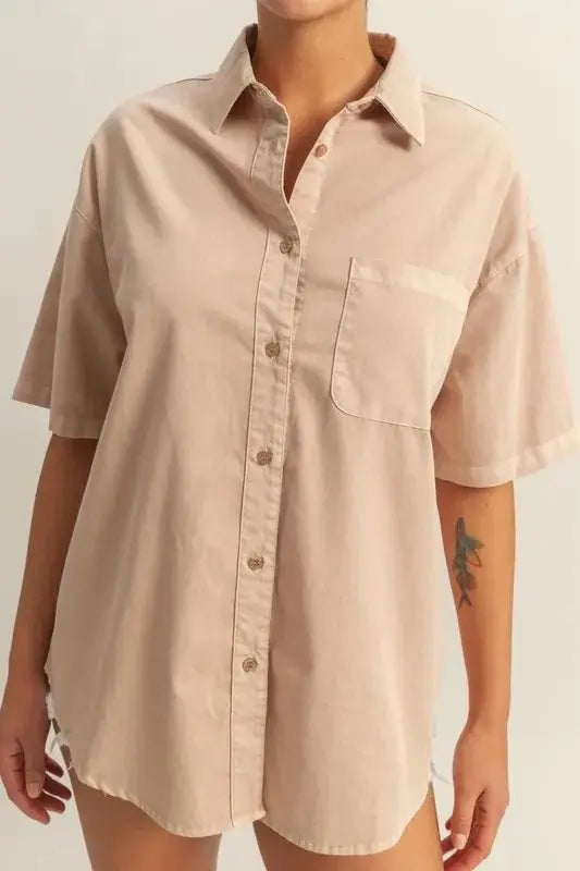 HYFVE Short Sleeve Button Down Oversized Shirt for Women - Love Salve